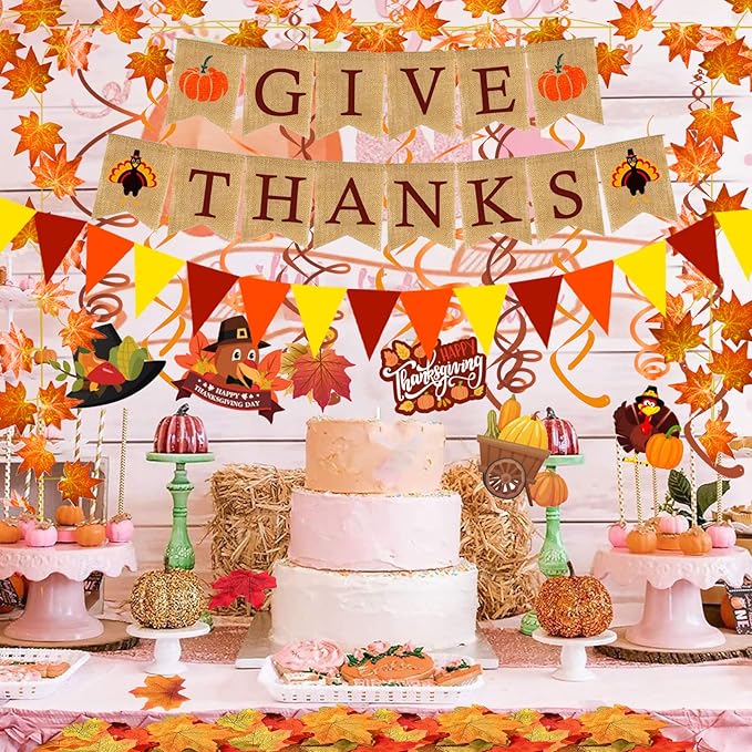 GIVE Thanks Burlap Banner Paper Triangular Bunting Maple Leaf Garland Plastic Streamer for Autumn Harvest Thanksgiving Day Party Decoration