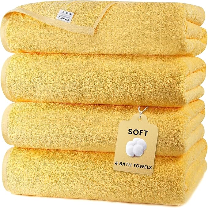 SEMAXE 4-Pack Luxury Bath Towels for Bathroom, 100% Cotton, Soft, Absorbent, and Quick-Drying, 55"x27", Yellow, Perfect for Hotels, Gyms, and Spas