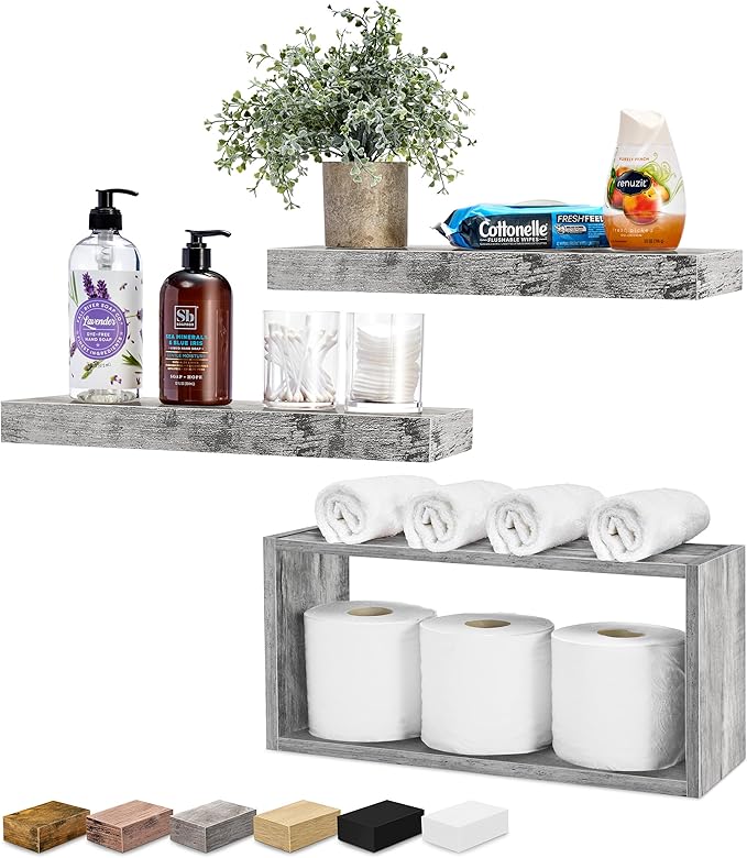 Sorbus Floating Shelves for Wall Set of 3 - Bathroom Shelves for Wall Storage, Over Toilet, Bedroom, Farmhouse, Decor - 2 Floating Shelves with Invisible Brackets & 1 Rectangular Box, Grey