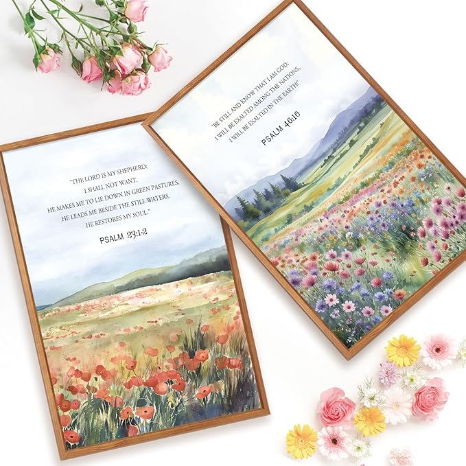 CHDITB Framed Canvas Wall Art Print 1123 , Nature Flowers Christian Wall Decor, Floral Spiritual Scripture Wall Painting, Vintage Church Biblical Verses Art Prints For Zen Room Yoga Room Decor 16"x24"x3