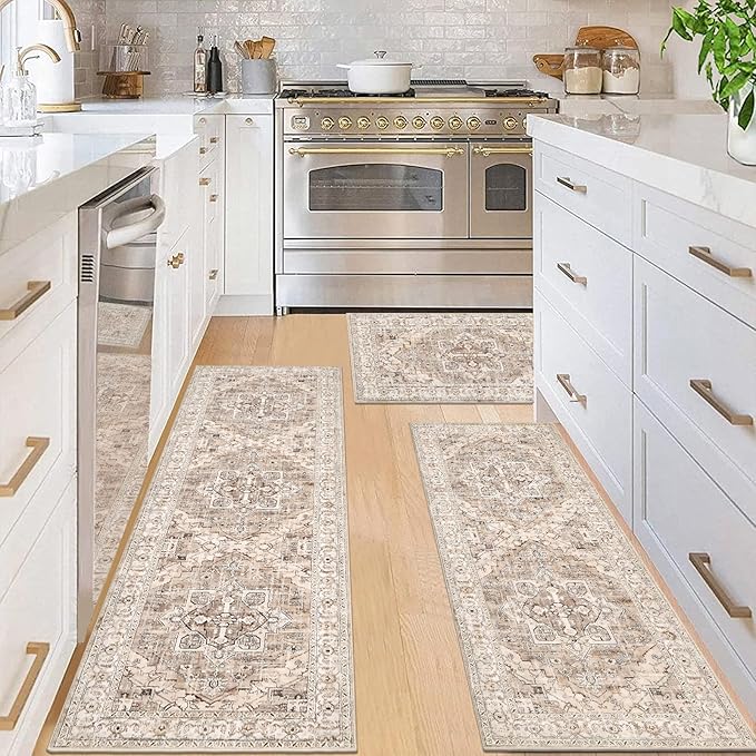 Pauwer Kitchen Mats for Floor 3 Piece Set Boho Non Slip Kitchen Rugs Washable Farmhouse Kitchen Floor Mats Thick Long Kitchen Throw Area Rug Carpet Runner for Hallway Entryway Laundry Bathroom, Beige