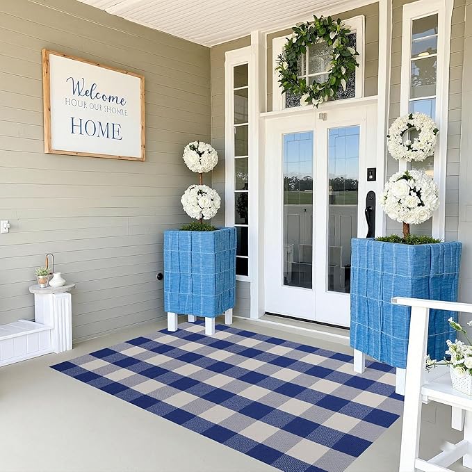 SEEKSEE Cotton Buffalo Plaid Rug 3'x5' Blue and White Checked Rug Washable Doormats Indoor Outdoor Rugs for Layered Front Door Mats, Porch, Kitchen, Farmhouse, Entryway