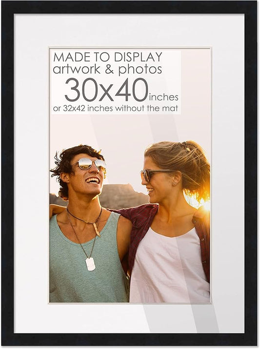 30x40 Black Wood Picture Frame | with White Mat | 32x42 Frame Matted to 30x40 | Display Your Poster Under UV Acrylic Shatter Guard Front, with Foam Board Backing and Wall Hanging Hardware