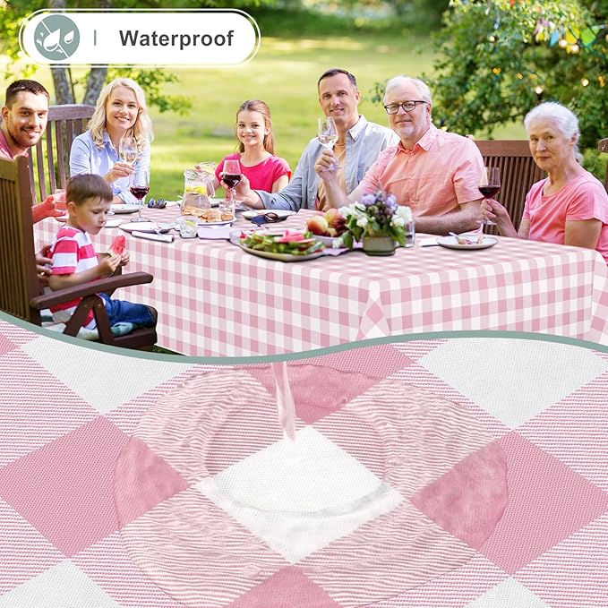 misaya Rectangle Waterproof Vinyl Table Cloth, Buffalo Flannel Backed Tablecloth, Wipeable Plastic Table Cover for Dinner, Kitchen, Outdoor (60" x 84", Pink and White)