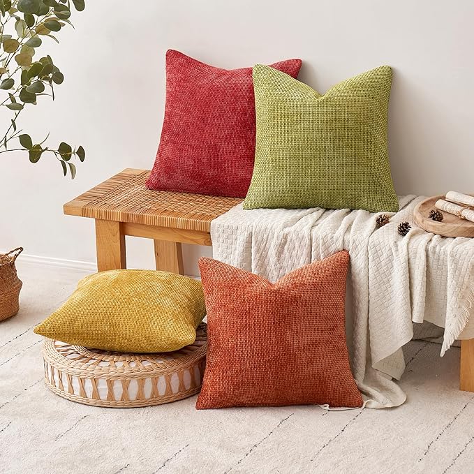 MIULEE Pack of 4 Fall Burnt Orange Couch Throw Pillow Covers 20x20 Inch Yellow Green Soft Decorative Chenille Pillows Farmhouse Accent Cushions for Boho Home Decor Spring Sofa Bedroom Living Room