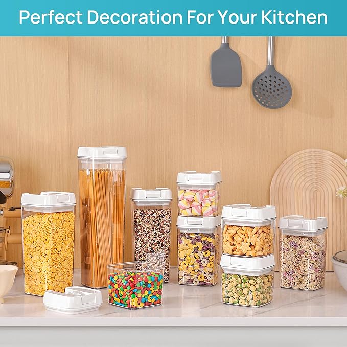 Vtopmart Airtight Food Storage Containers, 7 Pieces BPA Free Plastic Cereal Organizer Canisters with Easy Lock Lids, for Kitchen Pantry Organization, 24 Labels, White