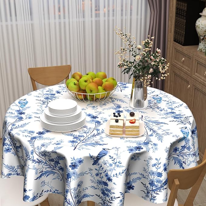 Blue Floral Round Tablecloth 60 Inch Chinoiserie Flowers Table Cloth Round Vintage Farmhouse Tablecloth Spring Blue White Floral Washable Round Table Cover for Home Picnic Dinner Table Decoration
