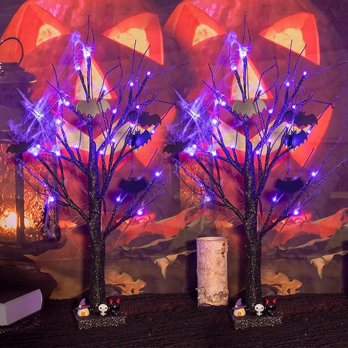 PEIDUO Halloween Decorations, 2FT Black Halloween Tree with 24 Purple Lights and 8 Bat Ornaments, Light up Halloween Decorations with Timer for Indoor Home Desk Table Decor (2PK)