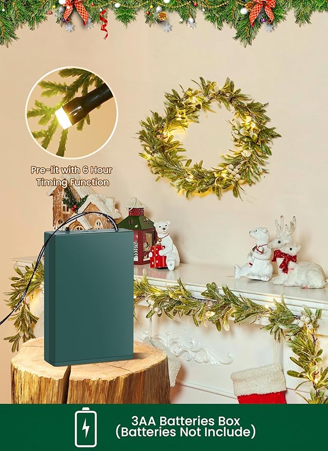 Brightown Pre-lit Christmas Garland with Lights, Battery Operated, 6Ft 20 LED Lighted Olive Greenery Garland Decorated with Snowflakes, Indoor Outdoor Christmas Lights for Mantle Stairs Wall, 2 Pack