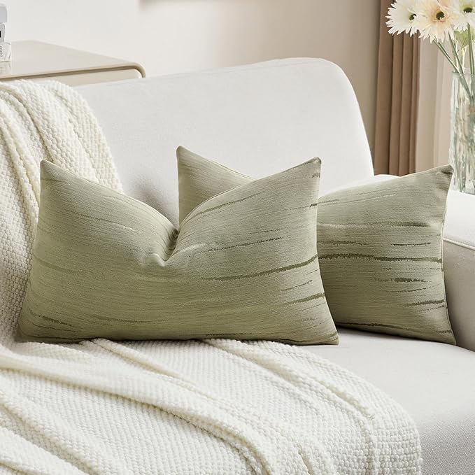 FUTEI Olive Green Chenille Decorative Throw Pillow Covers 12x20 Inch Set of 2,Soft Embossed Striped Textured Lumbar Pillow Cases,Modern Home Decor for Couch Bed Living Room