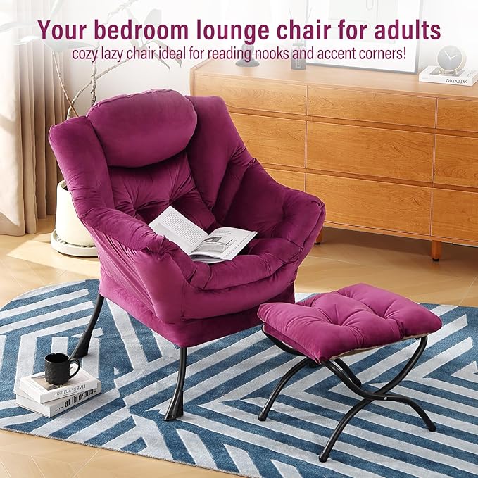 Lazy Chair with Ottoman, Modern Chair with Folding Footrest, Lounge Accent Chair, Comfortable Reading Chair (Velvet Dark Purple)