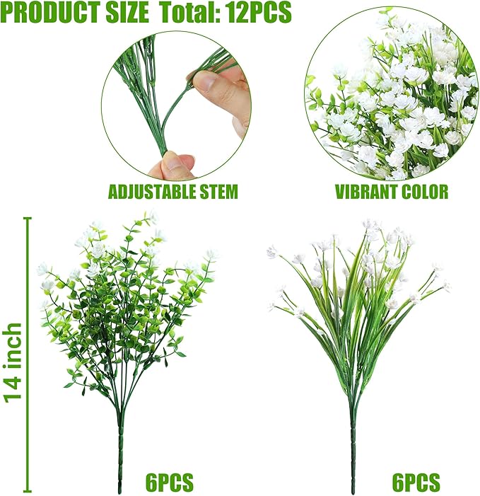 Sggvecsy Artificial Flowers for Outdoors 12 Bundles UV Resistant Boxwood Shrubs Artificial Eucalyptus Fake Plants Faux Plastic Greenery for Farmhouse Garden Home Indoor Outdoor Decoration（White）