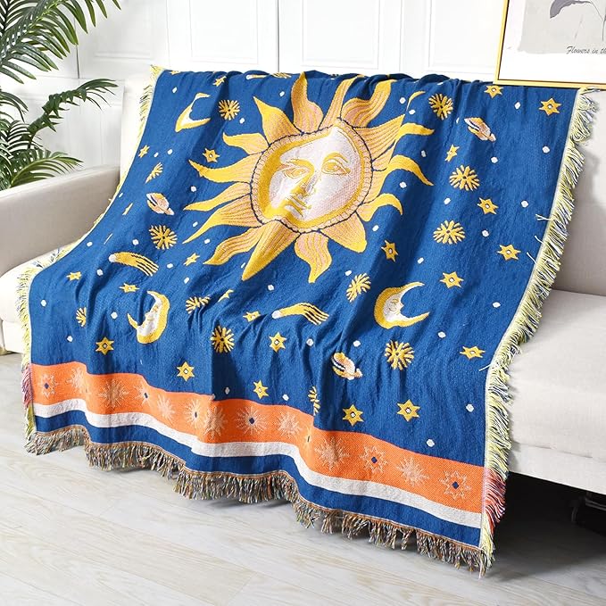 Boho Throw Blanket Reversible Cotton Bohemian Tapestry Hippie Room Decor Outdoor Blanket Double Sided (Boho Sun Blue 50"x60")
