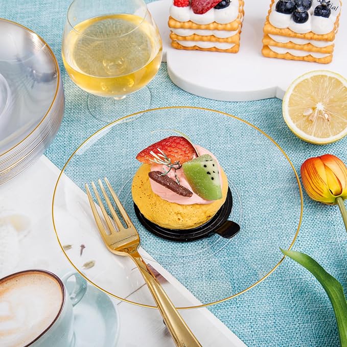 Nervure 100Pieces Clear and Gold Rim Plastic Plates - 7.5inch Disposabl Salad Dessert Plate - Clear and Gold Party Plates Ideal for Wedding & Party & Thanksgiving