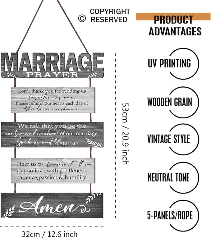 Buecasa Marriage Rustic Sign with 5pcs Panels Strung Together - Bridal Shower Gift for Couples Wife Husband - Christian Religious Inspiring Home Decor Newlywed