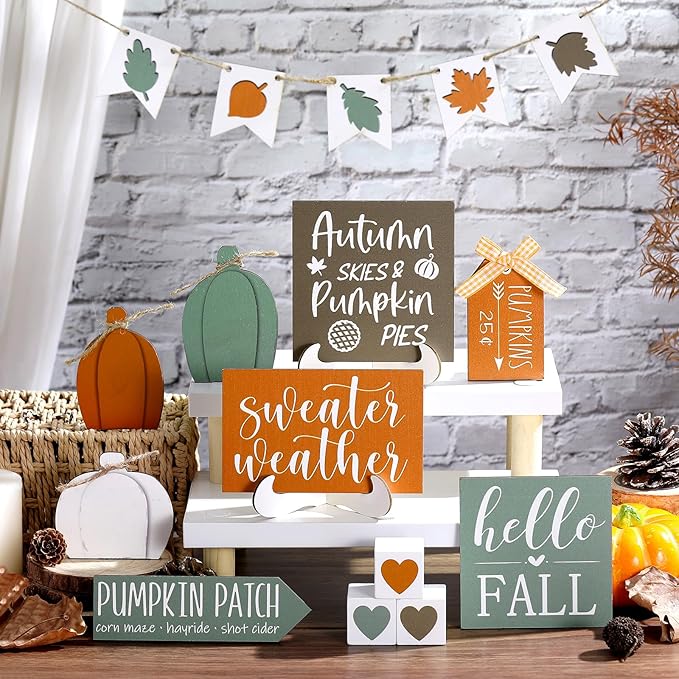 Sumind 15 Pcs Fall Tiered Tray Decor Set Fall Decorations for Home Autumn Wood Signs Thanksgiving Orange Brown Table Signs Farmhouse Wooden Maple Pumpkin Gnomes Tabletop for Festival(Heart)