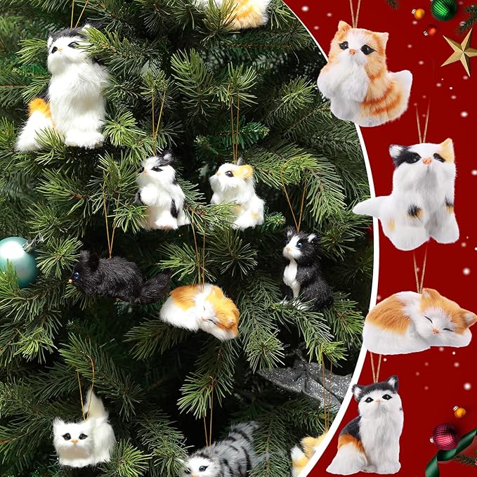 Skylety 10 Pieces Forest Animals Ornaments Woodland Animal Faux Fur Plush Hanging Ornaments Family Educational Playset for Fall, Christmas, Winter Birthday Party Supplies(Cats)