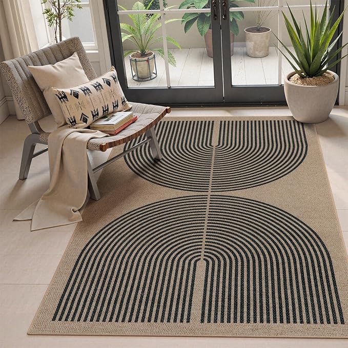 Lahome Modern Rainbow Easy Jute Office Rug, Outdoor Patio Rug 4x6 for Living Room Washable Carpet for Bedroom, Farmhouse Contemporary Non Slip Non Shedding Black Carpet for Backyard