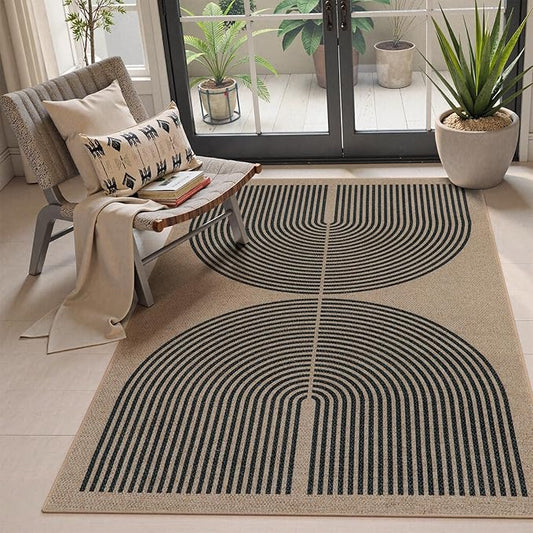 Lahome Modern Rainbow Easy Jute Office Rug, Outdoor Patio Rug 4x6 for Living Room Washable Carpet for Bedroom, Farmhouse Contemporary Non Slip Non Shedding Black Carpet for Backyard