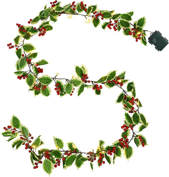 Juegoal 2 Pack Christmas Garlands, 6.5FT Pre-lit Red Berries & Holly Leaves Garland, Artificial Lighted Garland Battery Operated with Timer, Indoor Outdoor Fireplace Gate Home Winter New Year Decor