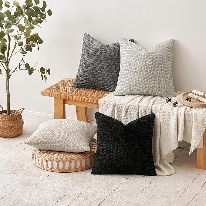 MIULEE Pack of 4 Couch Throw Pillow Covers 18x18 Inch Neutral Cream/Grey Soft Decorative Chenille Pillow Covers Farmhouse Accent Cushion Covers for Boho Home Decor Sofa Bedroom Living Room