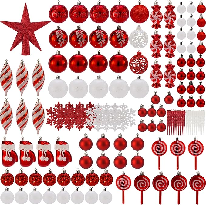 130 Pcs Christmas Ball Ornaments, Christmas Tree Decoration Set Red Christmas Ball Shatterproof Hanging Ornament Decorations for Christmas Tree, Wreaths, and Outdoor Displays (Red)