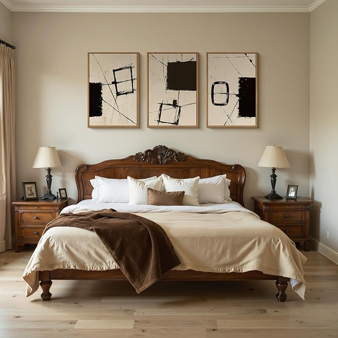 HOURIA Abstract Geometric Framed Canvas Wall Art Set,Black and Beige Brushstroke Wall Decor,Neutral Modern Wall Painting,Textured Line Drawing Art Prints for Living Room, Bedroom, Farmhouse-16 x24 x3