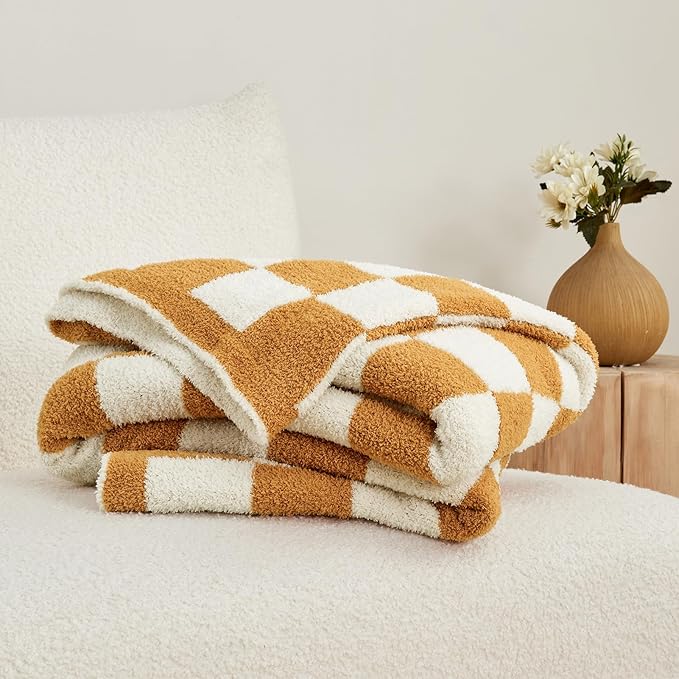 CozeCube Checkered Blanket, Ultra Soft Cozy Orange and White Throw Blanket, Warm Cozy Knit Fuzzy Plush Checkerboard Throw for Couch Bed Sofa, 60"x80"