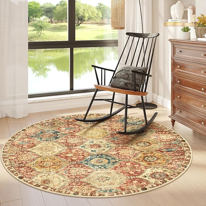 Lahome Moroccan Trellis Round Area Rugs, Washable Small Round Rug 3ft Non-Slip, Soft Vintage Ultra-Thin Circle Carpet for Bedroom Entryway Kitchen Laundry Bathroom, Red/Orange