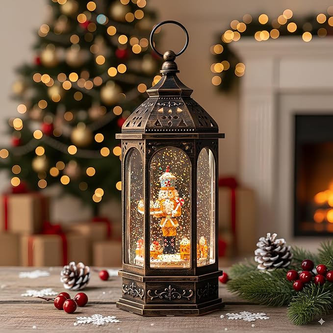 Animated Gingerbread Nutcracker with Moving Figurines Lighted Water Lantern, USB Lined/Battery Operated Snow Globe for Christmas Festival Decoration Gifts