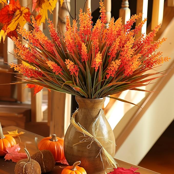 Artificial Fall Flowers for Outdoor Plants 12 Bundles Fake Lavender Plastic Faux Monkey Grass for Verandah Window Garden Office Patio Front Porch UV Resistant for Planter(Autumn Orange)