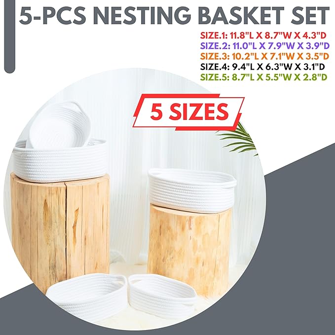 MINTWOOD Design 5-Piece Small Decorative Woven Storage Baskets Set for Shelves and Catch All Tray with Handles for Organizing Gifts, Dog and Cat Toys, Bathroom Accessories, Full White