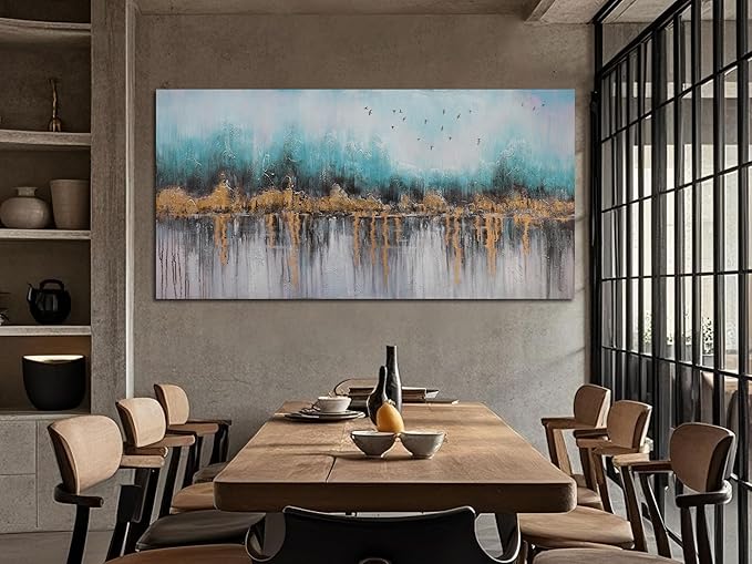 Ardemy Teal Abstract Canvas Wall Art for Living Room Landscape Painting Bedroom Turquoise Grey Panoramic Textured Picture Artwork Framed, Wall Art for Men Home Office Wall Decor Large 48"x24"