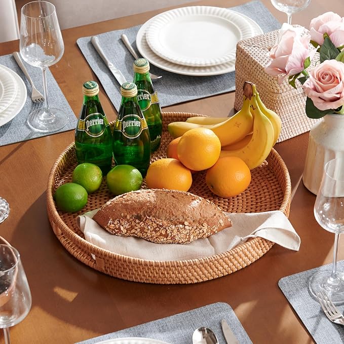 Rattan Large Serving Tray, Wicker Round Fruit/Bread Serving Basket, Extra Large Decorative Ottoman Tray for Living Room, Coffee Table, Breakfast, 16.9 inch