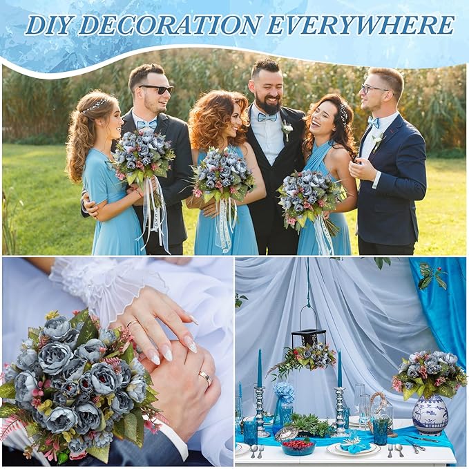 Geosar 8 Bundles Artificial Peonies Flowers Fake Silk Peony Bouquet Faux Peonies Flowers Bulk for Decoration Vase Florals Arrangements Wedding Party Table (Blue)