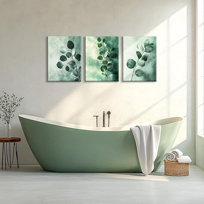 NAN Wind 3PCS Botanical Eucalyptus Canvas Wall Art Minimalist Sage Green Watercolor Leaves Modern Framed Canvas Wall Decor Nature Painting for Living Room Bedroom Office Decor