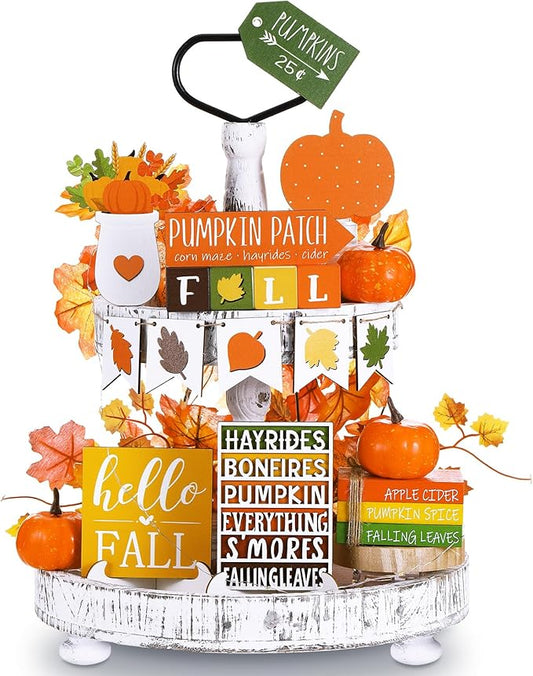 19 Pcs Bright Fall Tiered Tray Decor Autumn Farmhouse Home Decorations Set Fall Wood Tray Decor Autumn Thanksgiving Day Decorative Sign for Tabletop Kitchen Office Decorations