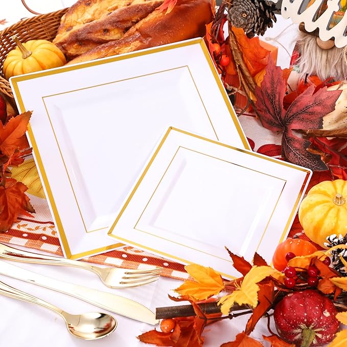 WDF 125pcs Gold Plastic Plates Set - Gold Rimmed Dinner & Salad Plates, Silverware (25 Forks, Knives, Spoons) for Thanksgiving