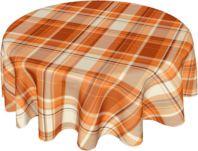 Kawani Fall Orange Tablecloth Round 60” Autumn Thanksgiving Buffalo Plaids Tablecloths Fall Checkered Decoration Round Table Cover Washable House Decor for Kitchen Dining Room Farmhouse Holiday