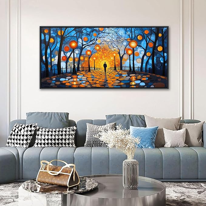 QZQCBLC Blue Wall Art Bedroom, Abstract Night Scene Street Lights Large Wall Pictures Orange Halo Trees Landscape Framed Canvas Paintings Artwork for Living room kitchen Home Office Decor 24x48 IN