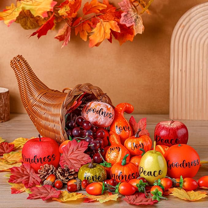 76 Pcs Thanksgiving Fall Cornucopia Basket Set Fall Table Centerpiece 13.78'' Large Thanksgiving Autumn Cornucopia Horn of Plenty Harvest Table Decorations with Pumpkin Fruit Inspirational Sticker