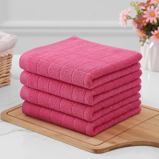 Homaxy 100% Cotton Terry Kitchen Towels(Rose Red, 13 x 28 inches), Checkered Designed, Soft and Super Absorbent Dish Towels, 4 Pack