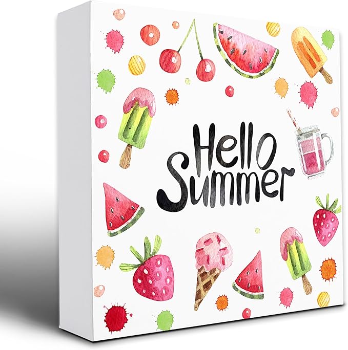 Hello Summer Decor,Wooden Plaque Sign Box for Desk Home Bedroom Office 5x5 Inches.(061)