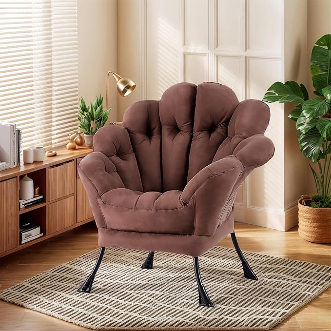 Lazy Chair, Modern Floral Reading Chair with Folding Footrest, Lounge Accent Chair, Comfortable Oversized Armchairs for Bedroom, Living Room, Courtyard, Dark Brown