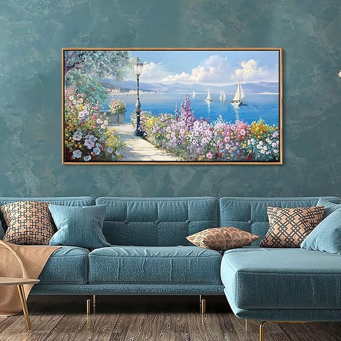 Blue Coastal Wall Art Ocean Canvas Flowers Painting Landscape Sailboat Picture White Yellow Artwork Modern Seascape Large Framed for Living Room Bedroom Home Office Decor Size 24x48 Inches