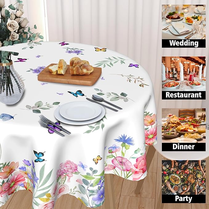Spring Flower Tablecloth Round 60 Inch Spring Floral Tablecloths Watercolor Butterfly Flower Table Cloth Round Farmhouse Wildflowers Tablecloths Washable Table Cover for Indoor Outdoor Table Decor