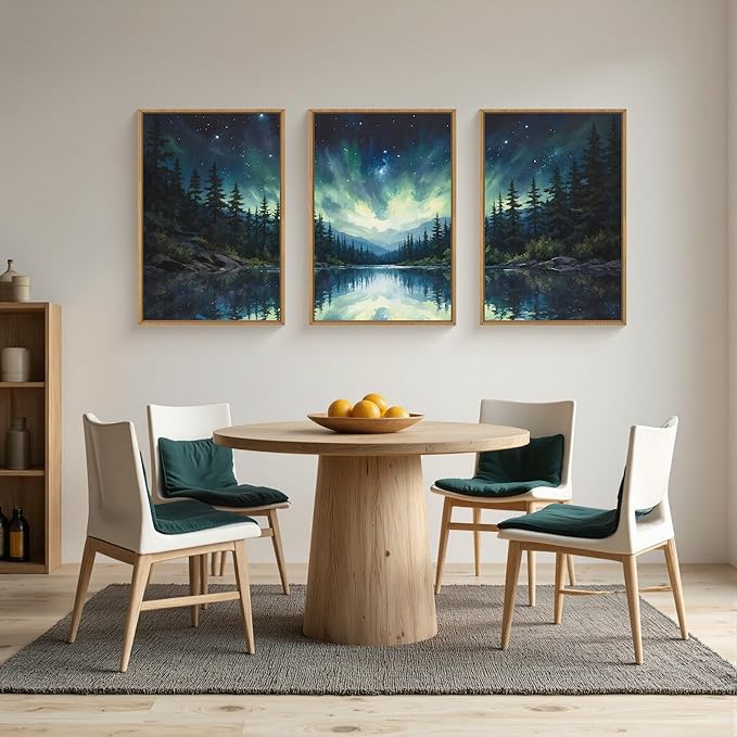HOURIA Northern Lights Forest Lake Framed Canvas Wall Art Set,Aurora Borealis Mountain Wall Decor,Night Sky Reflective Water Artwork,Modern Wilderness Landscape Prints for Living Room,Office-24"x36"x3