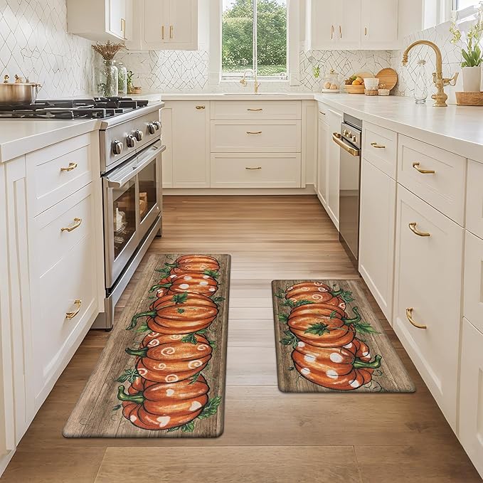 SHACOS Fall Anti Fatigue Kitchen Mats 2 Pcs Orange Pumpkins Wood Board Autumn Harvest Non Slip Cushioned Floor Mat for Kitchen Ergonomic Standing Mats Fall Decor, 17x27.5+17x47, Orange Pumpkins