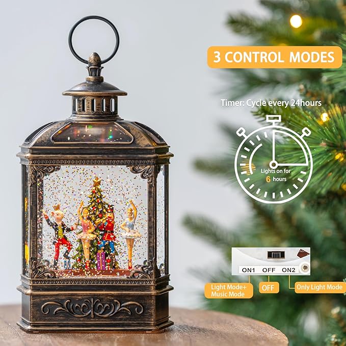 Christmas Snow Globe Lantern Water Glittering Nutcracker Ballet Stage with Music & Timer, USB Lined/Battery Operated Lighted Lantern for Christmas Festival Decoration Gifts
