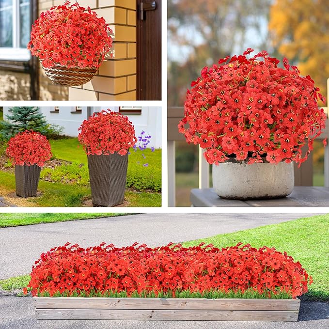 20 Bundles Artificial Flowers for Outdoors Decorations, Fake Flowers Faux Plants Silk Colorful Daisy Eucalyptus Flowers Realistic UV Resistant for Garden Patio Porch Box Home Decor (Red)